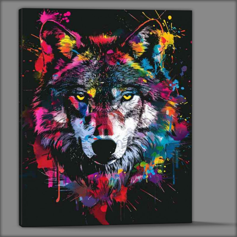 Buy Canvas : (Dark wolfs face with colour paint splashes)