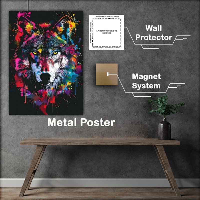 Buy Metal Poster : (Dark wolfs face with colour paint splashes)