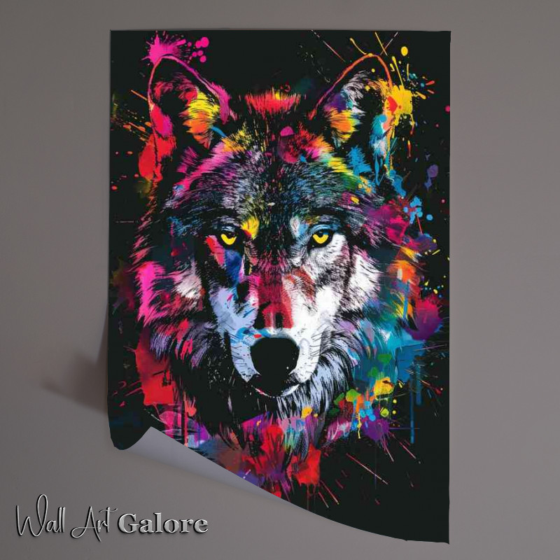 Buy Unframed Poster : (Dark wolfs face with colour paint splashes)
