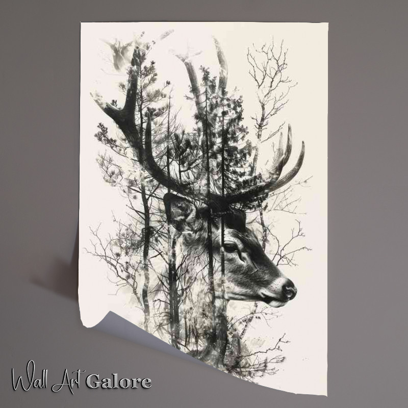 Buy Unframed Poster : (Deer head and trees exposure)