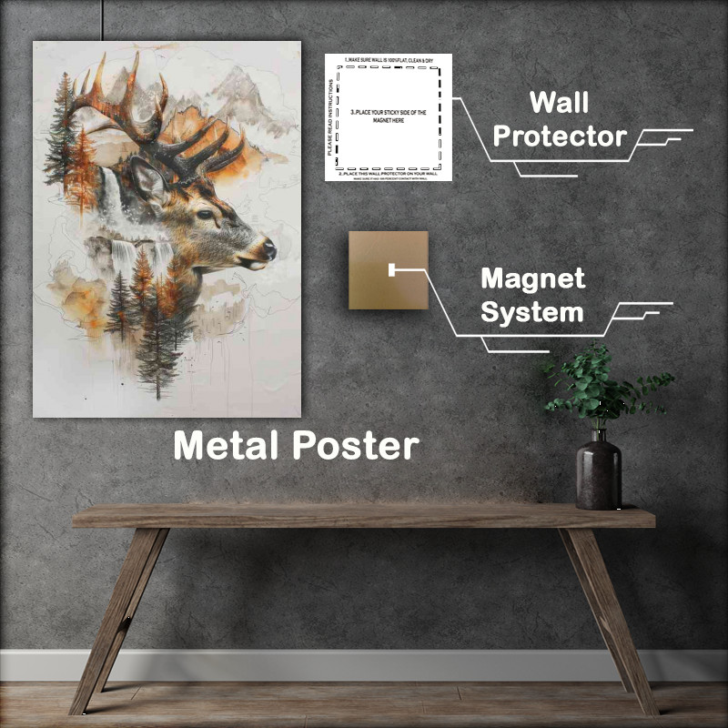 Buy Metal Poster : (Deer head with antlers and mountains)