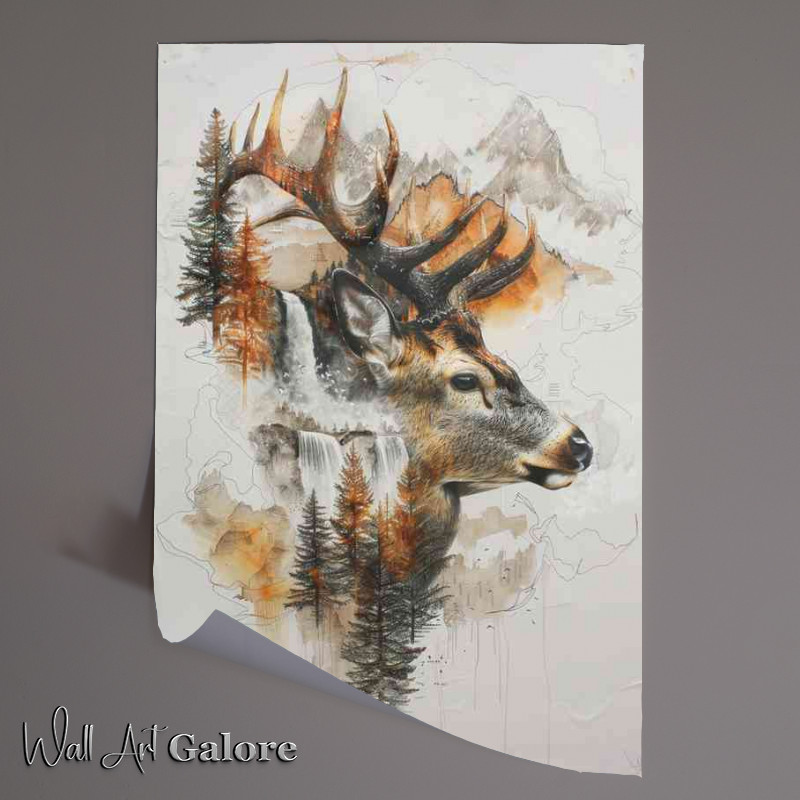 Buy Unframed Poster : (Deer head with antlers and mountains)