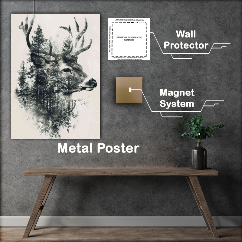 Buy Metal Poster : (Deer head with foliage and trees)