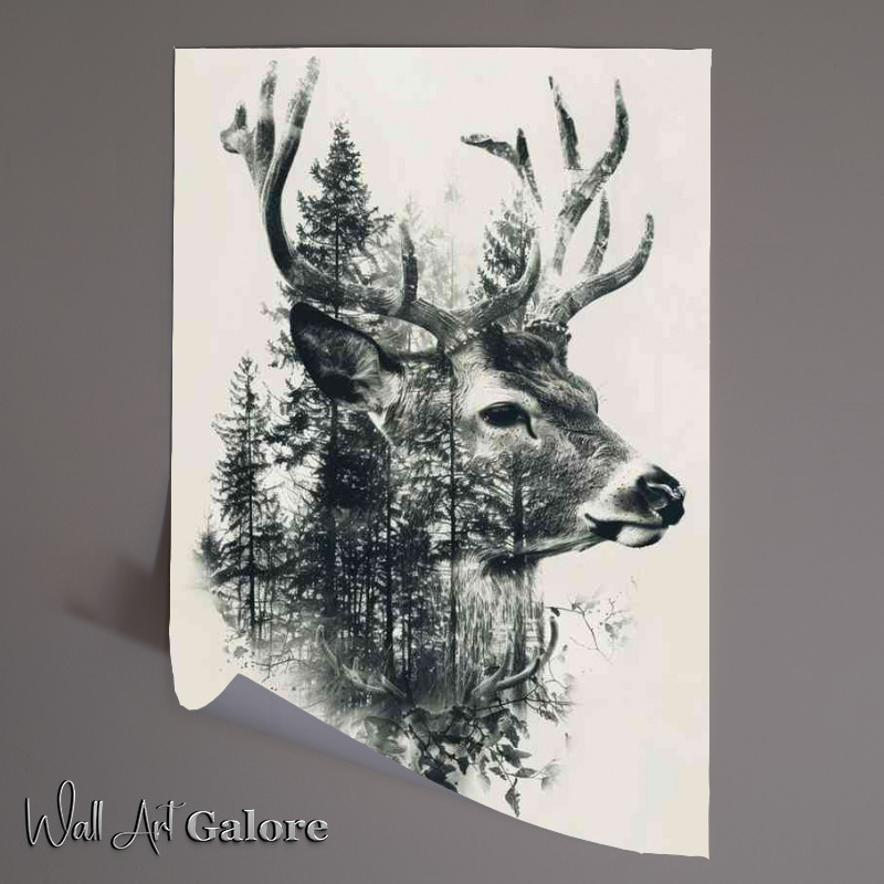 Buy Unframed Poster : (Deer head with foliage and trees)