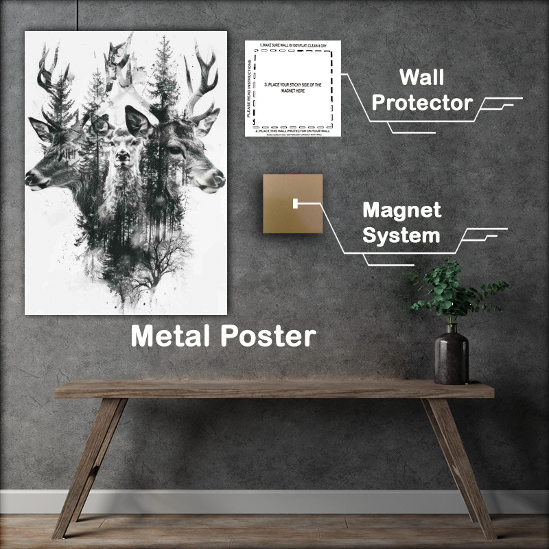 Buy Metal Poster : (Double Deer head surrounded by trees)