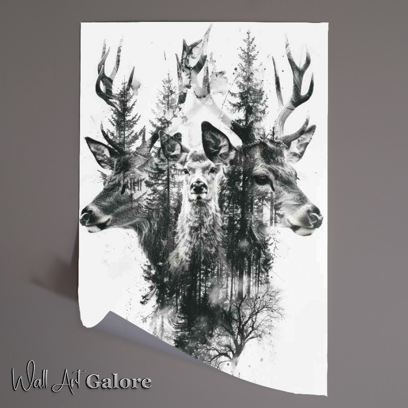 Buy Unframed Poster : (Double Deer head surrounded by trees)