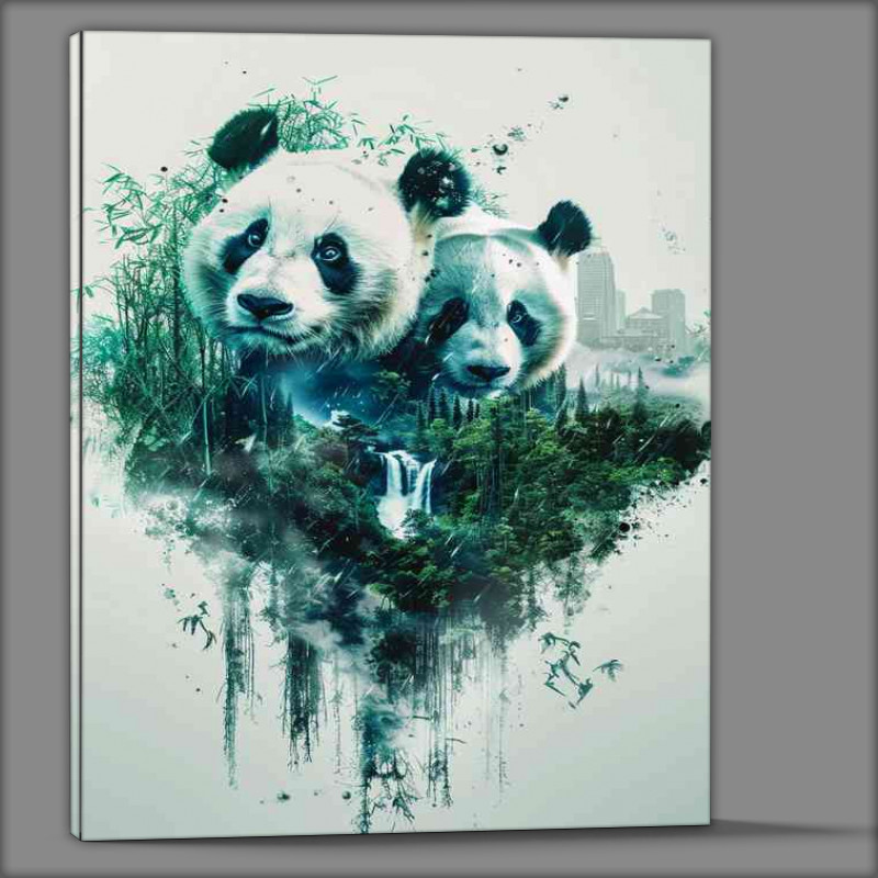 Buy Canvas : (Double exposure of two pandas in the jungle with bamboo)