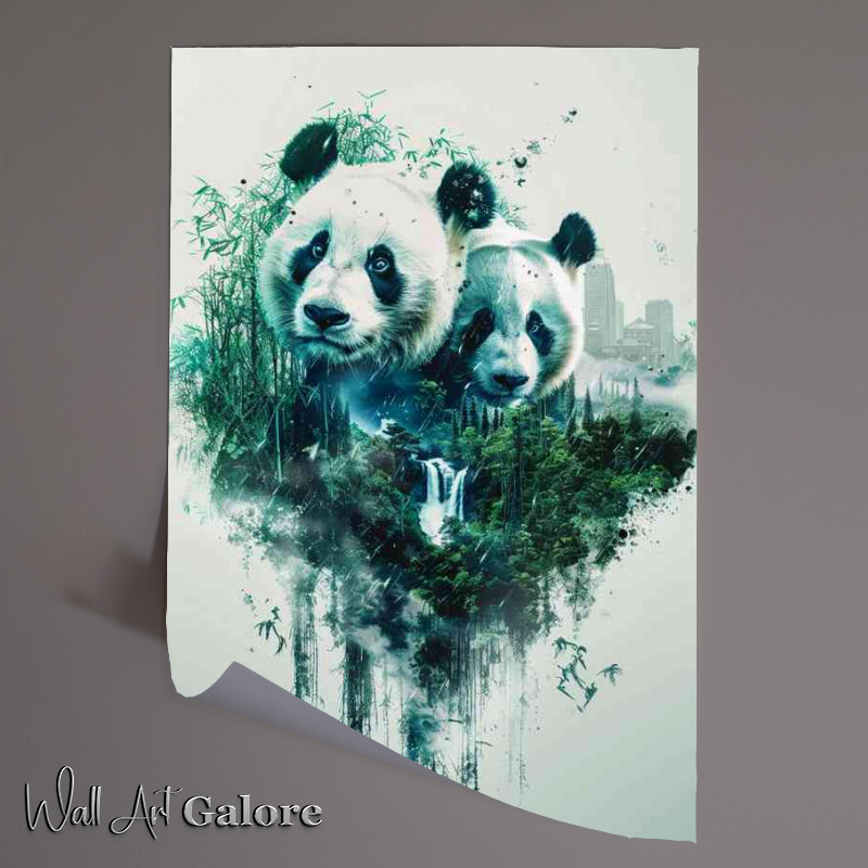 Buy Unframed Poster : (Double exposure of two pandas in the jungle with bamboo)