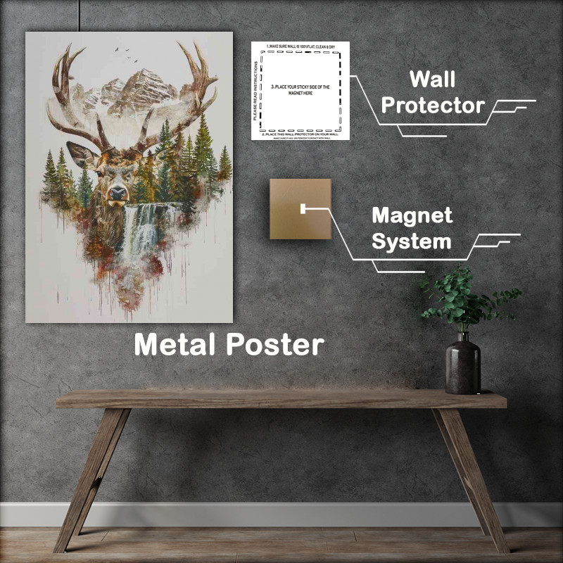 Buy Metal Poster : (Double exposure with a Deer head and waterfall)