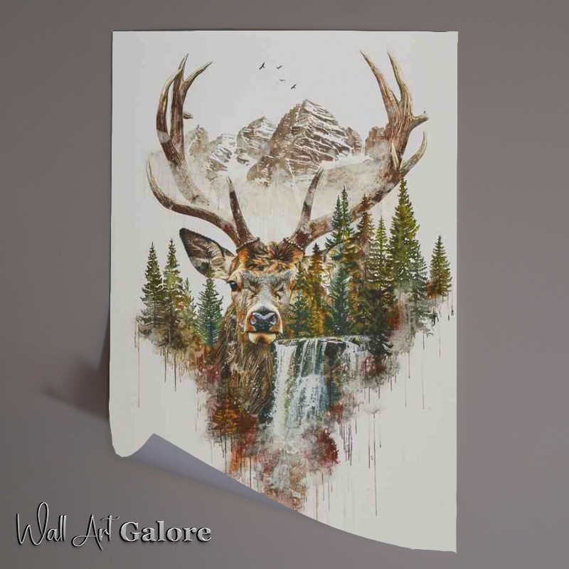 Buy Unframed Poster : (Double exposure with a Deer head and waterfall)