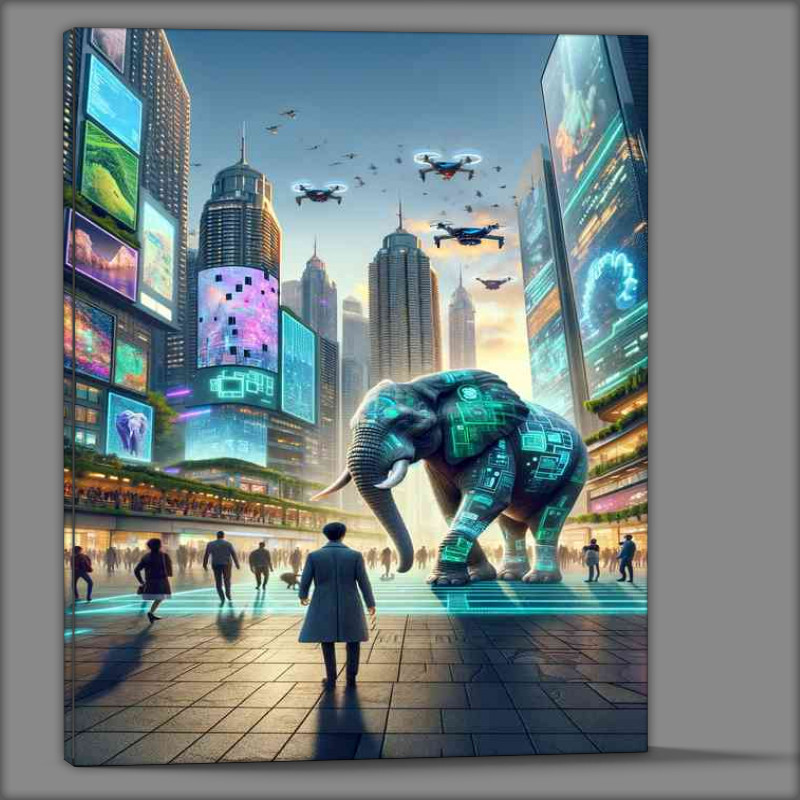 Buy Canvas : (Elephant walking through a bustling future city plaza)