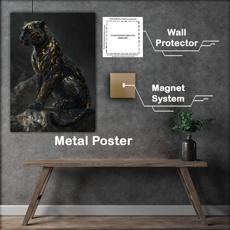 Buy Metal Poster : (Gold and black leopard on a rock)
