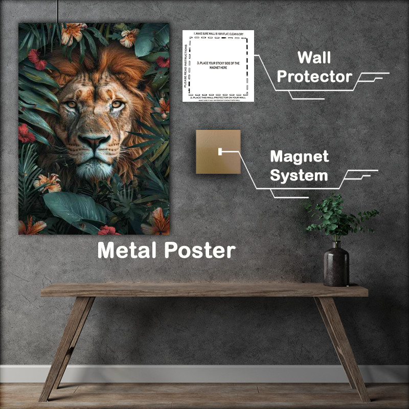 Buy Metal Poster : (Jungle lion through the flowers)