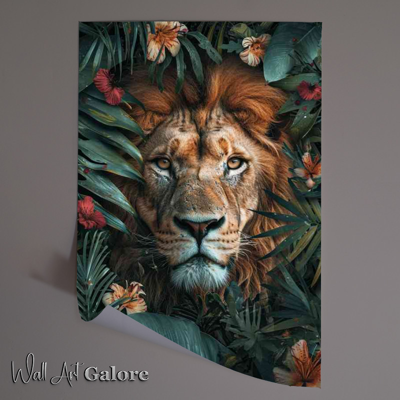 Buy Unframed Poster : (Jungle lion through the flowers)