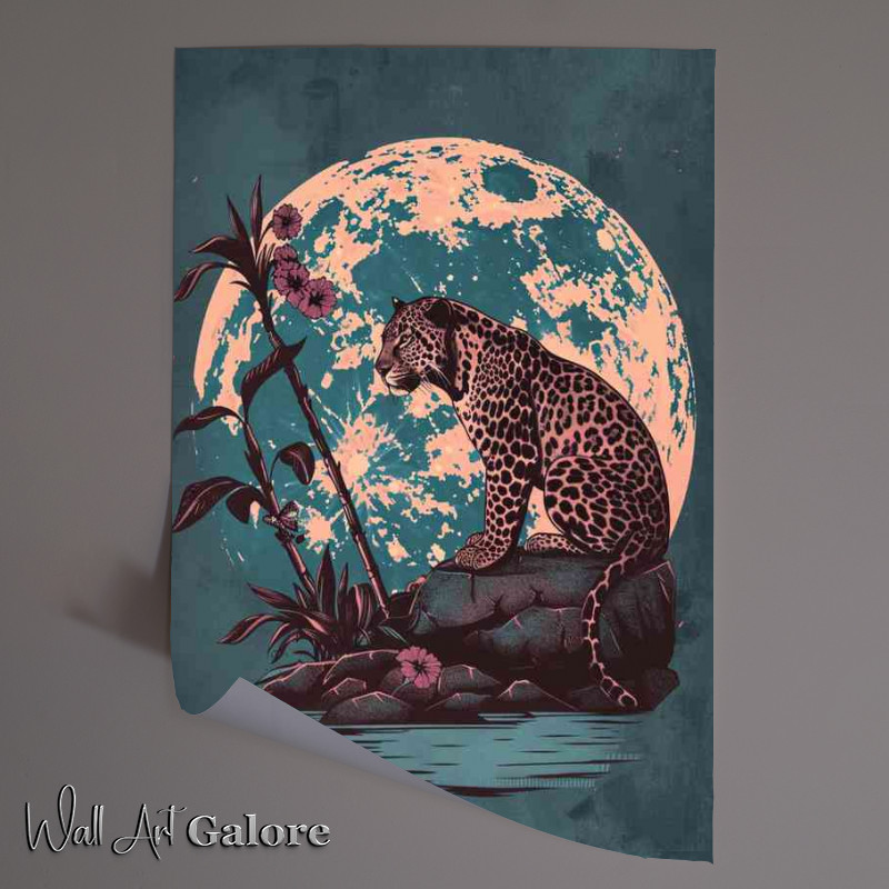Buy Unframed Poster : (Leopard under a full moon by the lagoon)