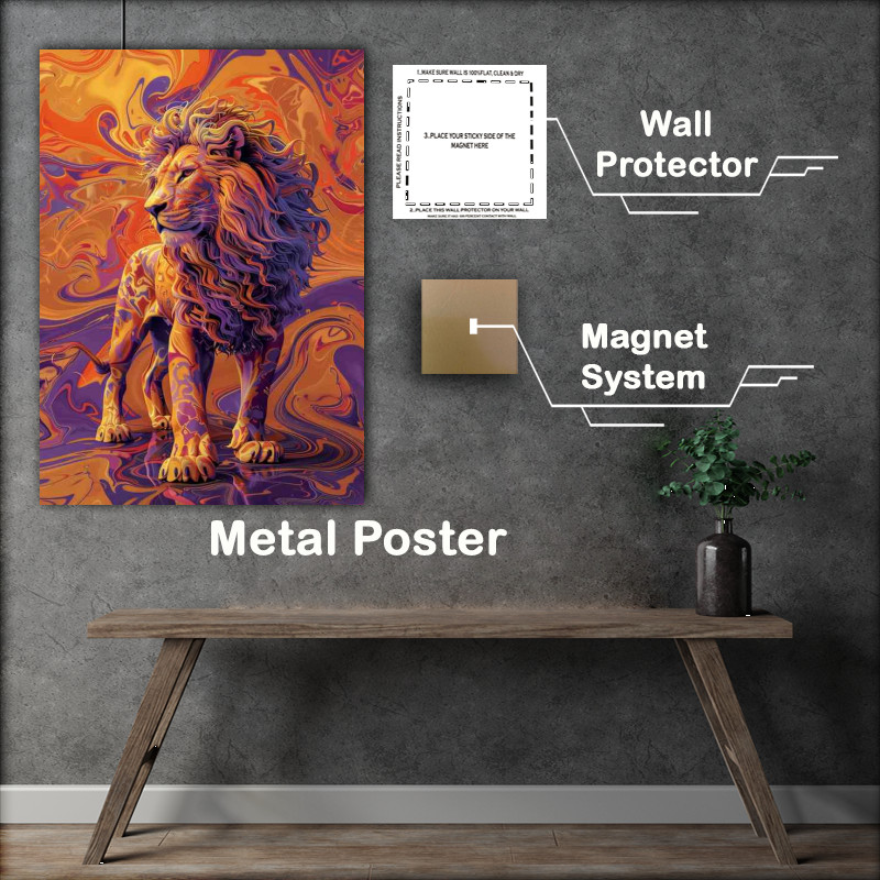 Buy Metal Poster : (Lion standing on an orange and purple)