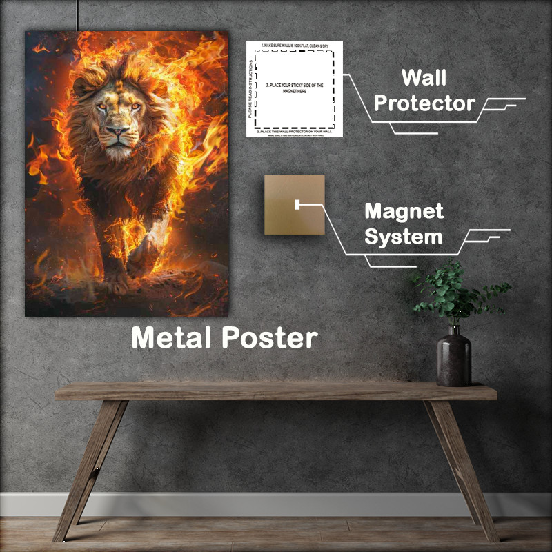 Buy Metal Poster : (Lion walking through the flames)