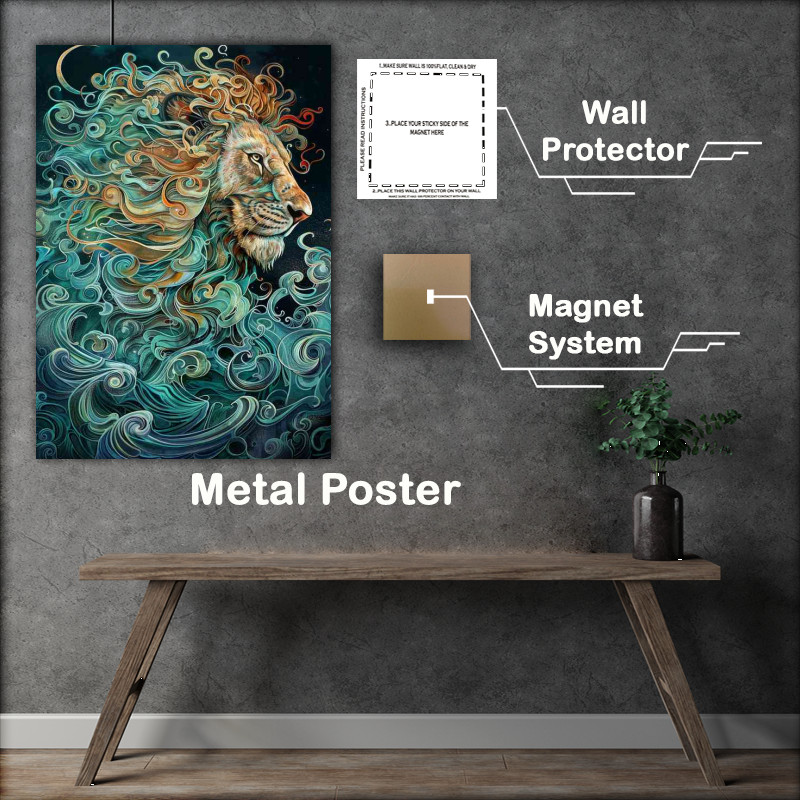 Buy Metal Poster : (Lion with his blue and brown swirly main)