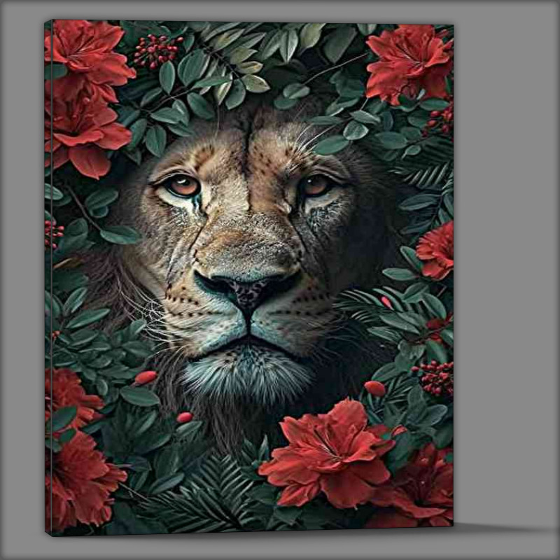 Buy Canvas : (Lions face embraced with red flowers)