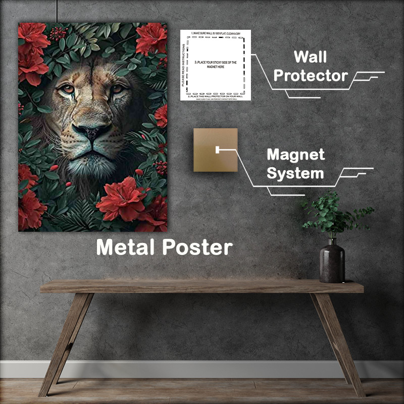Buy Metal Poster : (Lions face embraced with red flowers)