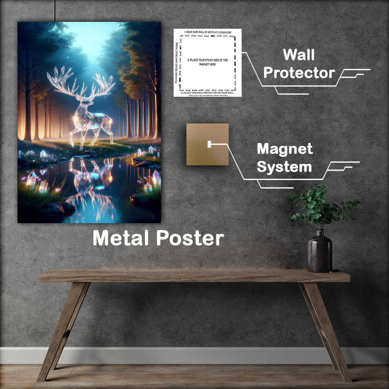 Buy Metal Poster : (Majestic Deer made of clear quartz crystals in a twilight grove)