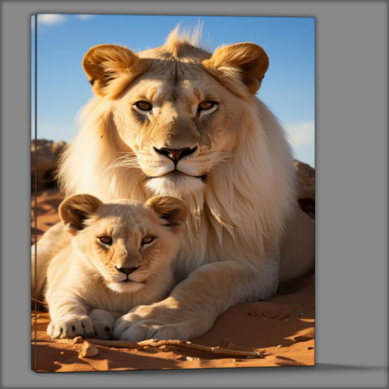 Buy Canvas : (Male and female lions lying in the sand)