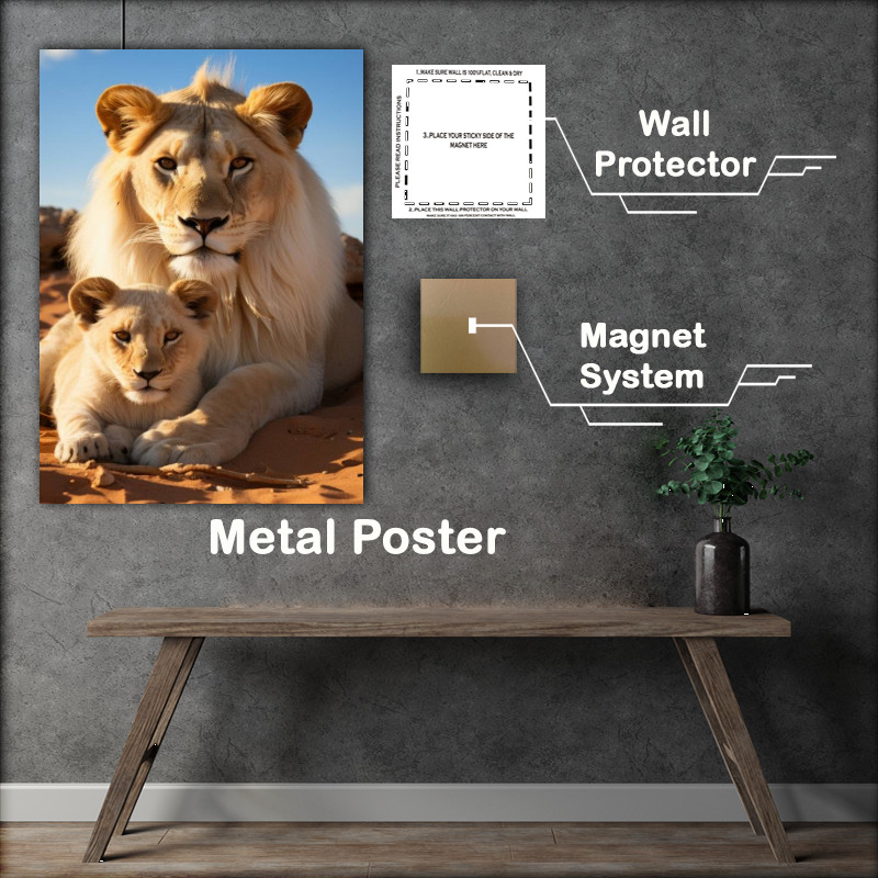 Buy Metal Poster : (Male and female lions lying in the sand)