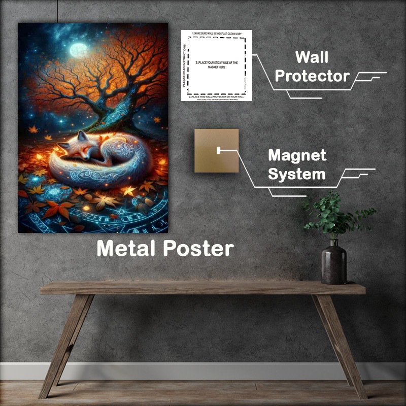 Buy Metal Poster : (Mystical Fox adorned with autumn leaves and glowing runes)