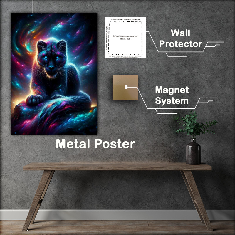 Buy Metal Poster : (Mystical Panther its fur swirling with cosmic dust and vibrant auroras)