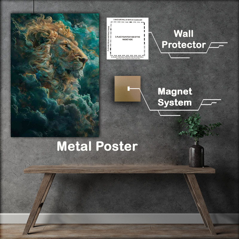 Buy Metal Poster : (Painting of a lion surrounded by blue and cloudy)