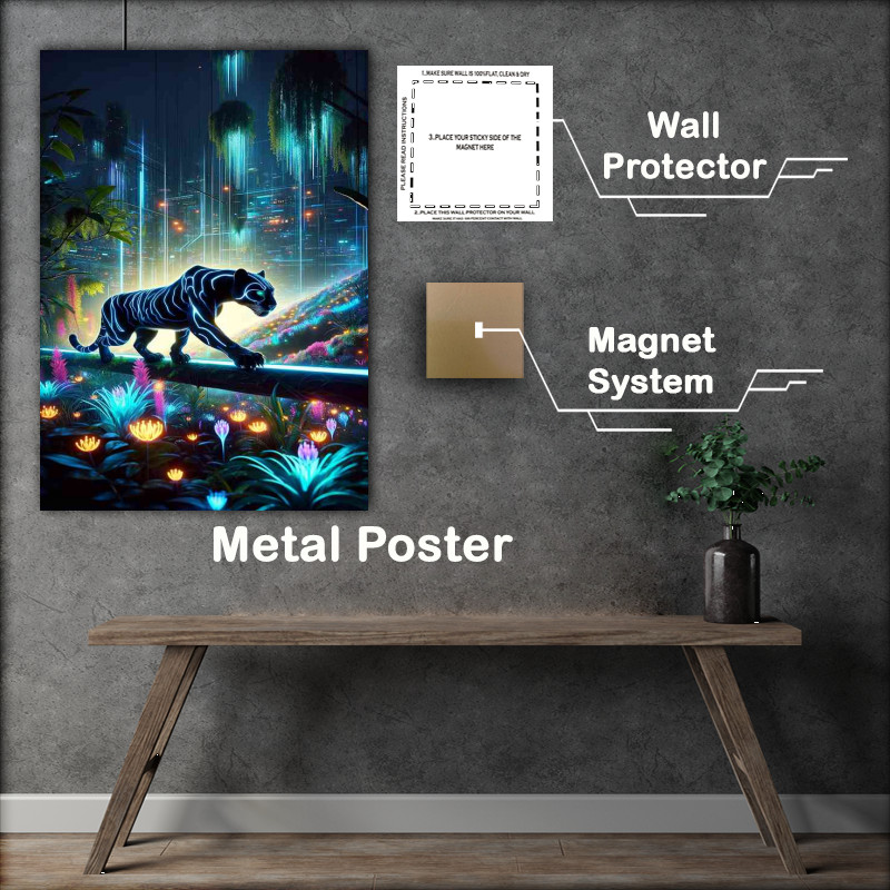 Buy Metal Poster : (Panther with bioluminescent stripes prowling neon jungle)