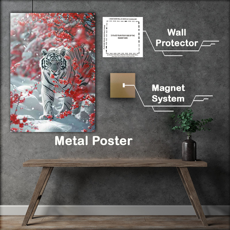 Buy Metal Poster : (Red Blossom tree with a white Tiger)