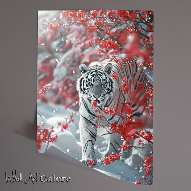 Buy Unframed Poster : (Red Blossom tree with a white Tiger)