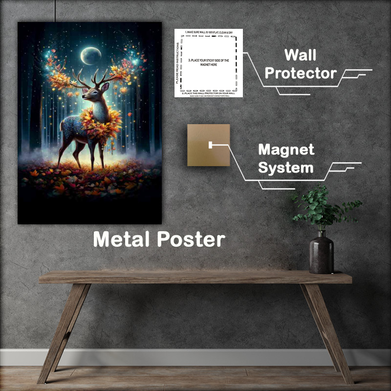 Buy Metal Poster : (Regal Deer adorned with a garland of autumn leaves and starlight)