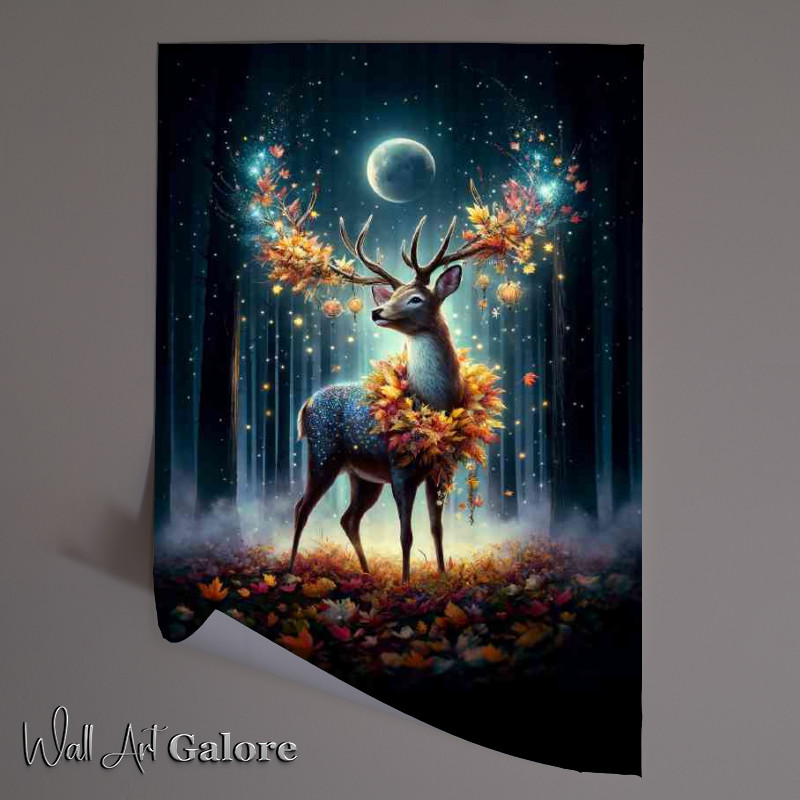 Buy Unframed Poster : (Regal Deer adorned with a garland of autumn leaves and starlight)