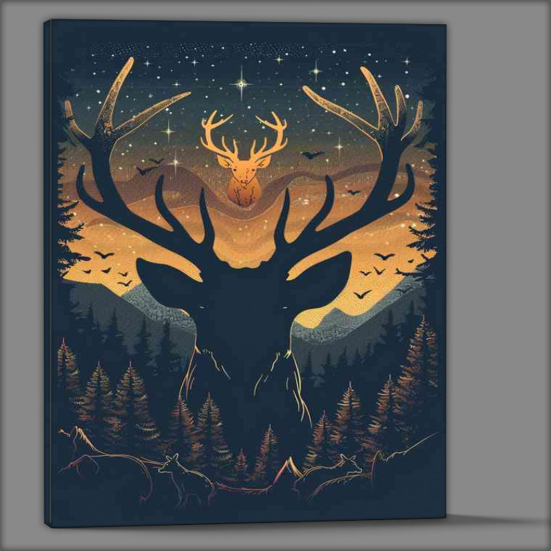 Buy Canvas : (Silhouette of deer with antlers made from trees night)