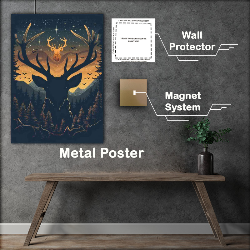 Buy Metal Poster : (Silhouette of deer with antlers made from trees night)