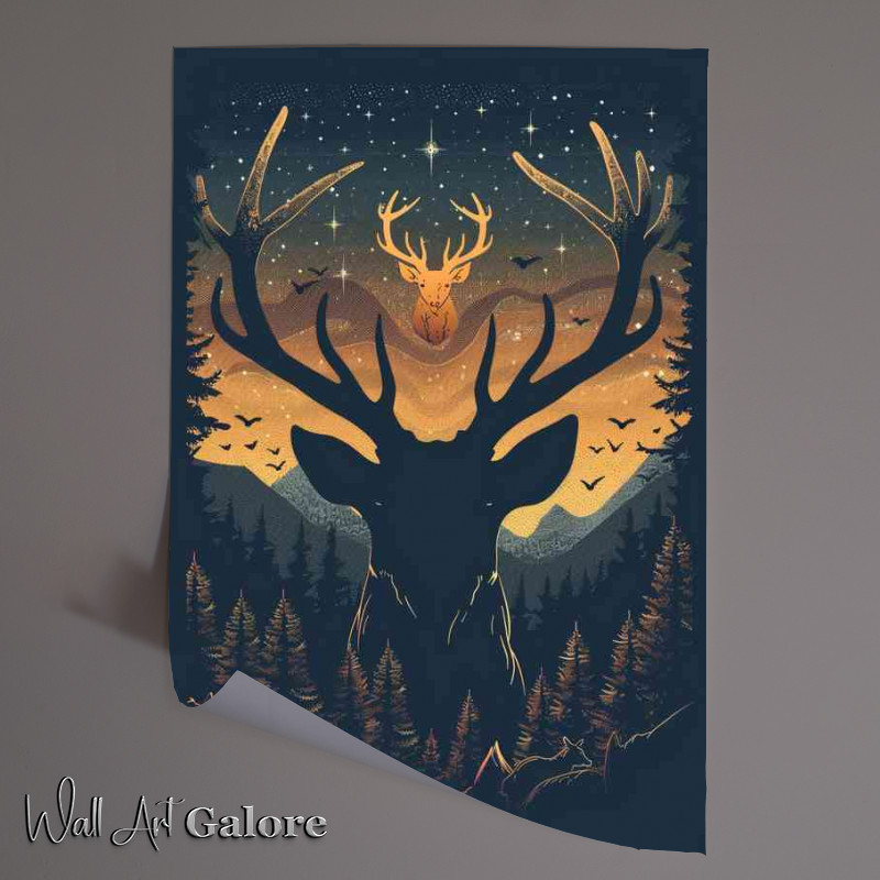 Buy Unframed Poster : (Silhouette of deer with antlers made from trees night)