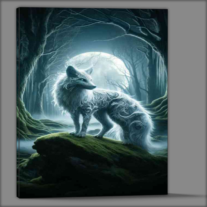 Buy Canvas : (Silver fox with intricate fur patterns glowing softly in a moonlit forest)