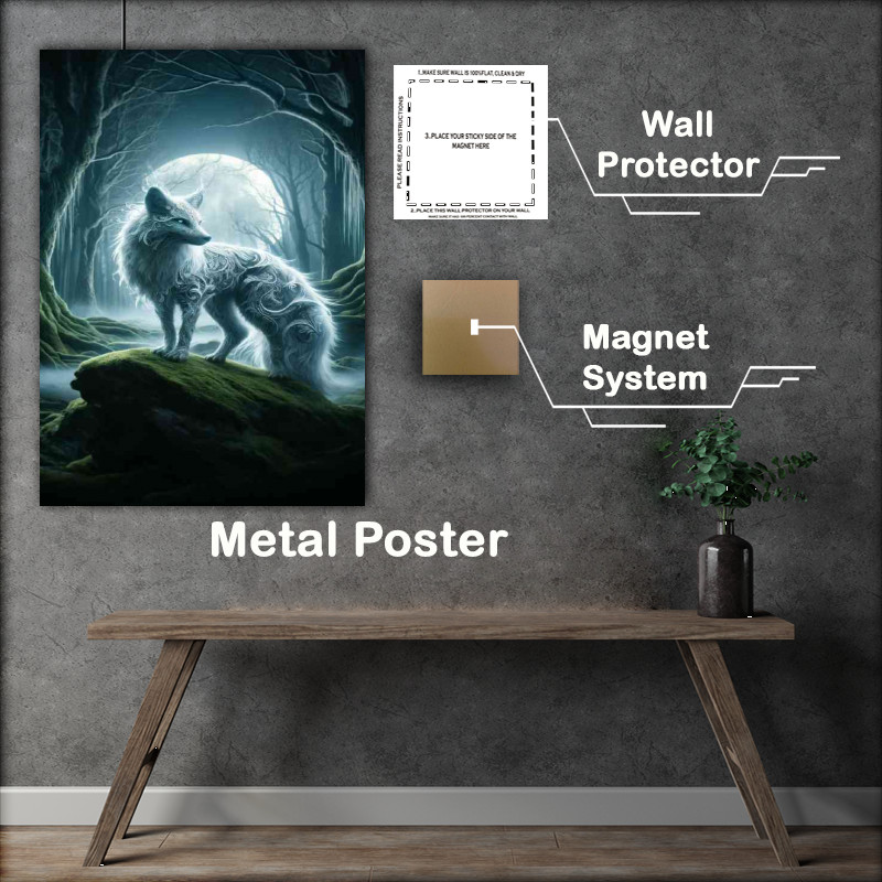 Buy Metal Poster : (Silver fox with intricate fur patterns glowing softly in a moonlit forest)