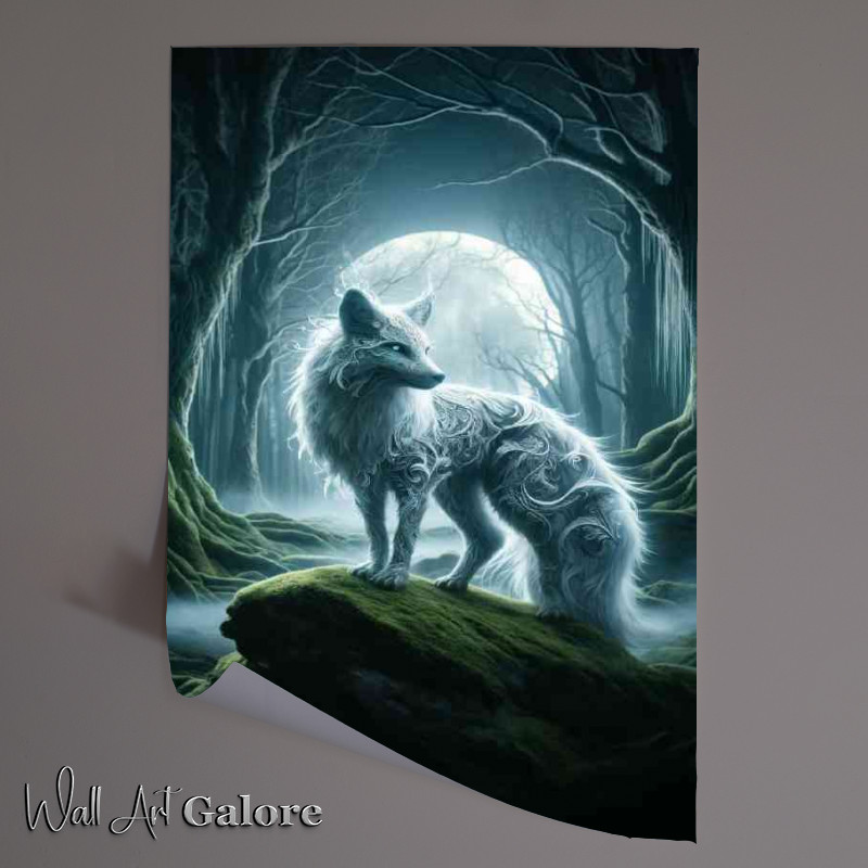 Buy Unframed Poster : (Silver fox with intricate fur patterns glowing softly in a moonlit forest)