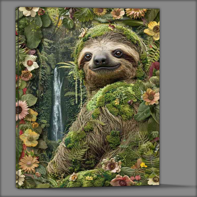 Buy Canvas : (Sloth collage made of foliage flowers and waterfalls)