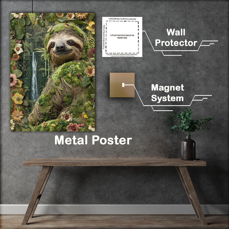 Buy Metal Poster : (Sloth collage made of foliage flowers and waterfalls)