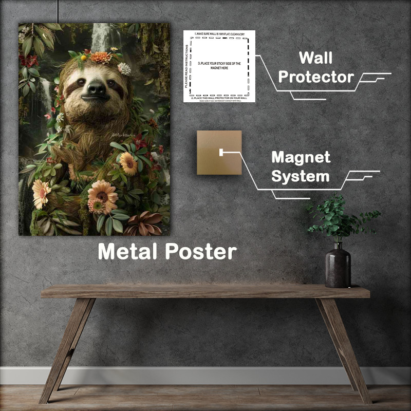 Buy Metal Poster : (Sloth surrounded by flowers and foliage)