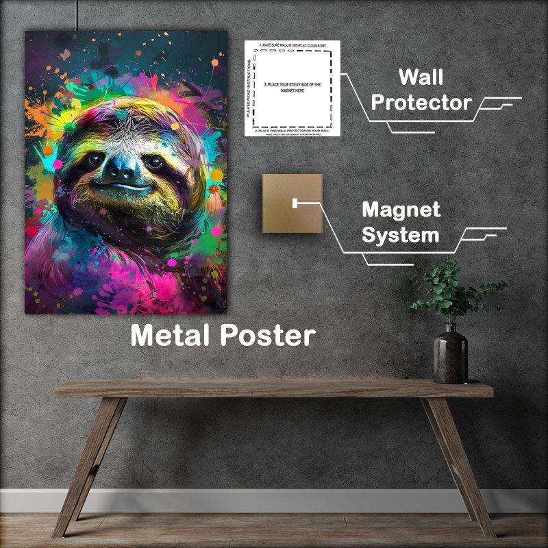 Buy Metal Poster : (Sloth with black and colourful paint splashes)