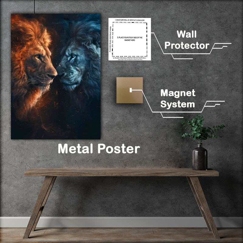 Buy Metal Poster : (The blue and orange Lions facing each others)