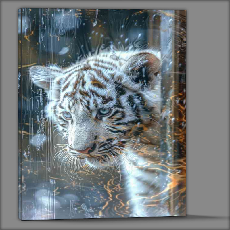 Buy Canvas : (The white tiger cub is seen behind a window)