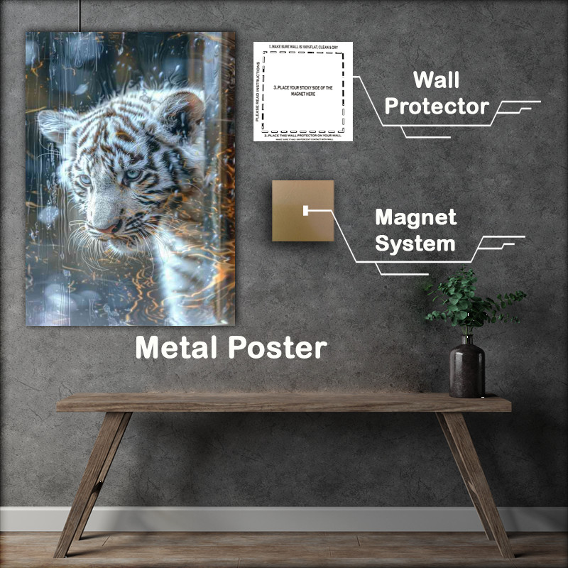 Buy Metal Poster : (The white tiger cub is seen behind a window)