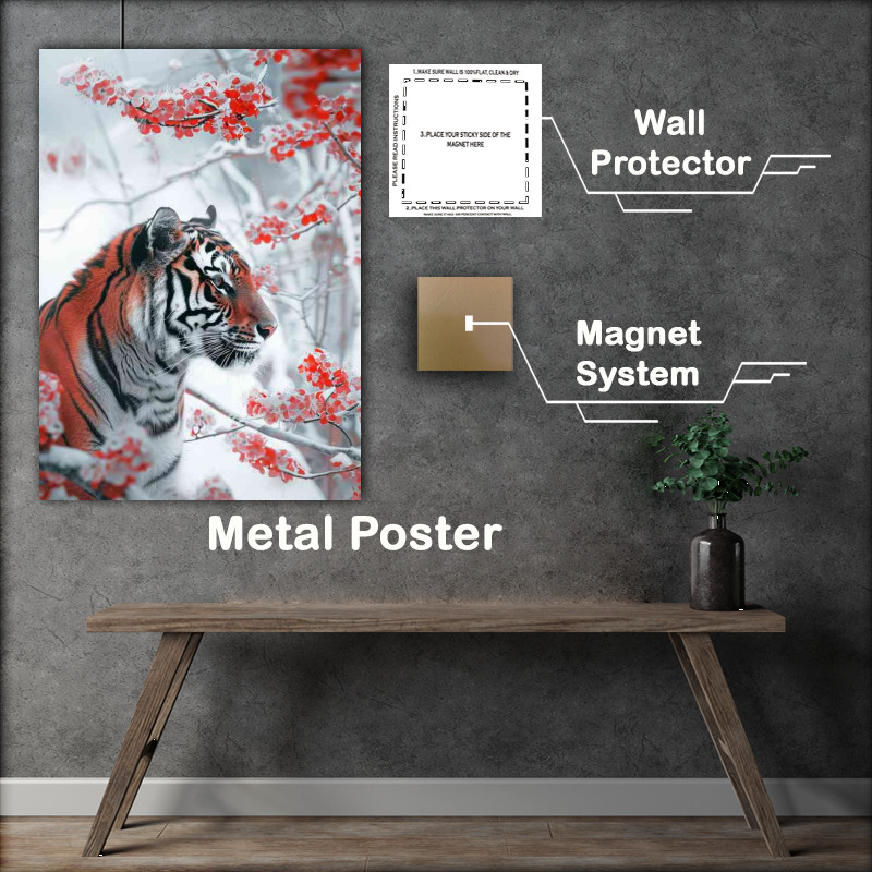 Buy Metal Poster : (Tiger standing in front of blossom tree)