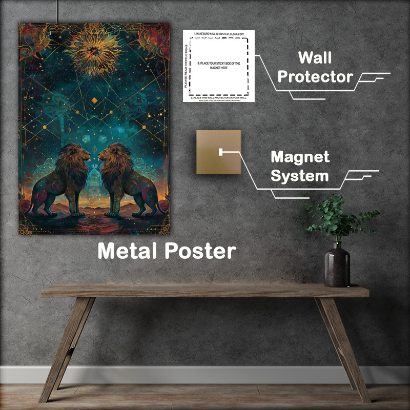 Buy Metal Poster : (Two lions standing in front of a starry sky)